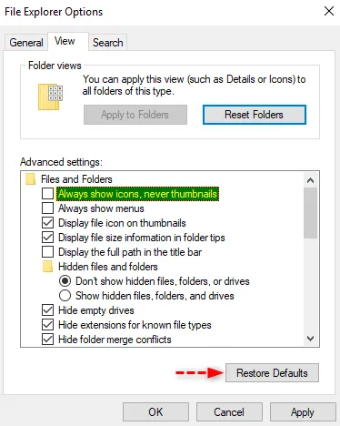 Datei-Explorer-Optionen - Standardwerte wiederherstellen