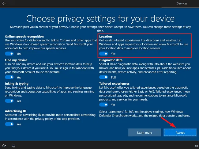 デバイスの [プライバシー設定] - [Windows 10 22H2 のクリーン インストール] を選択します。