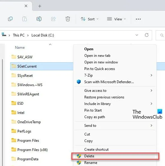 Löschen des Ordners $GetCurrent mit dem Windows Explorer
