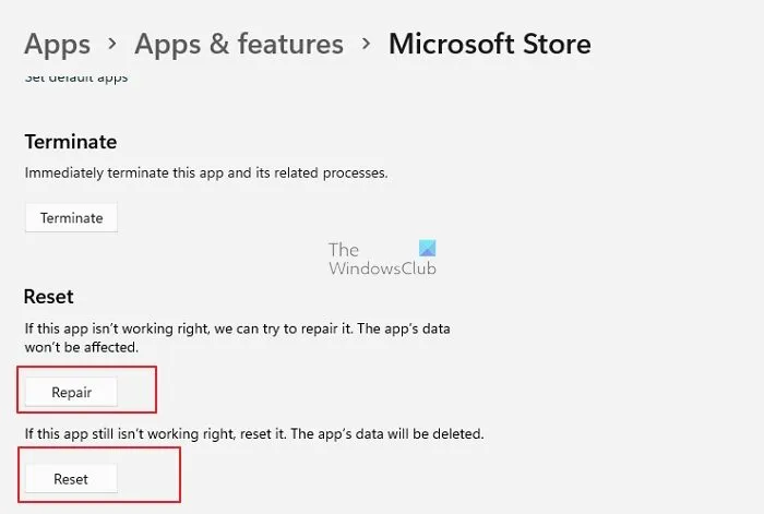 Réinitialiser les paramètres de l'application Microsoft Store