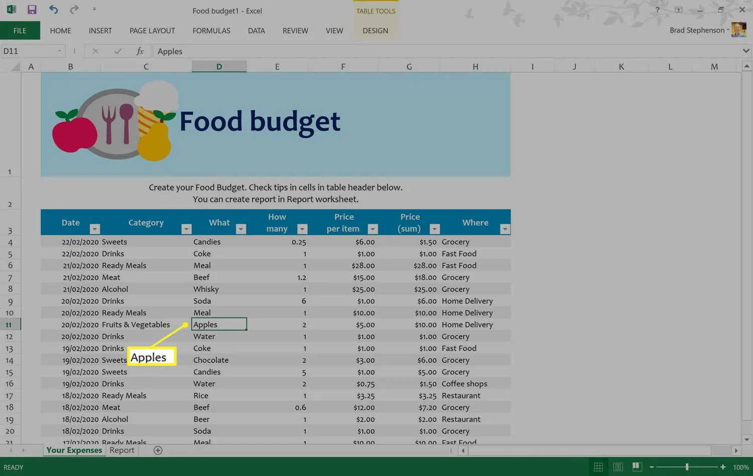 Documento Excel con una cella evidenziata in Microsoft Edge su Windows 10