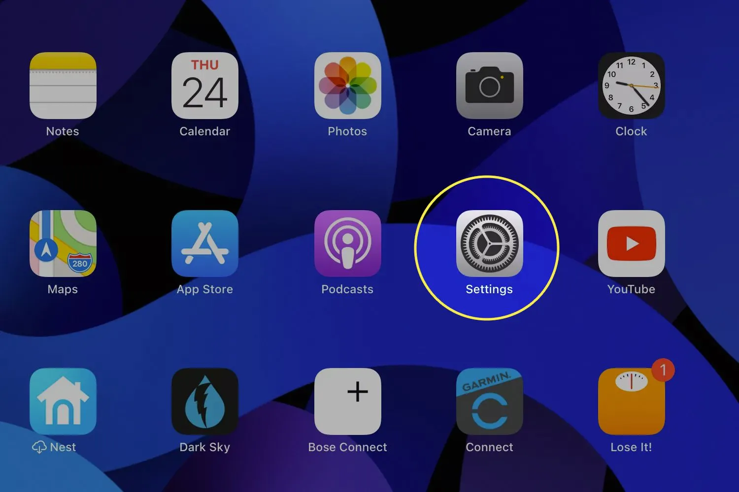 iPadOS-Symbole mit sichtbarer App „Einstellungen“.