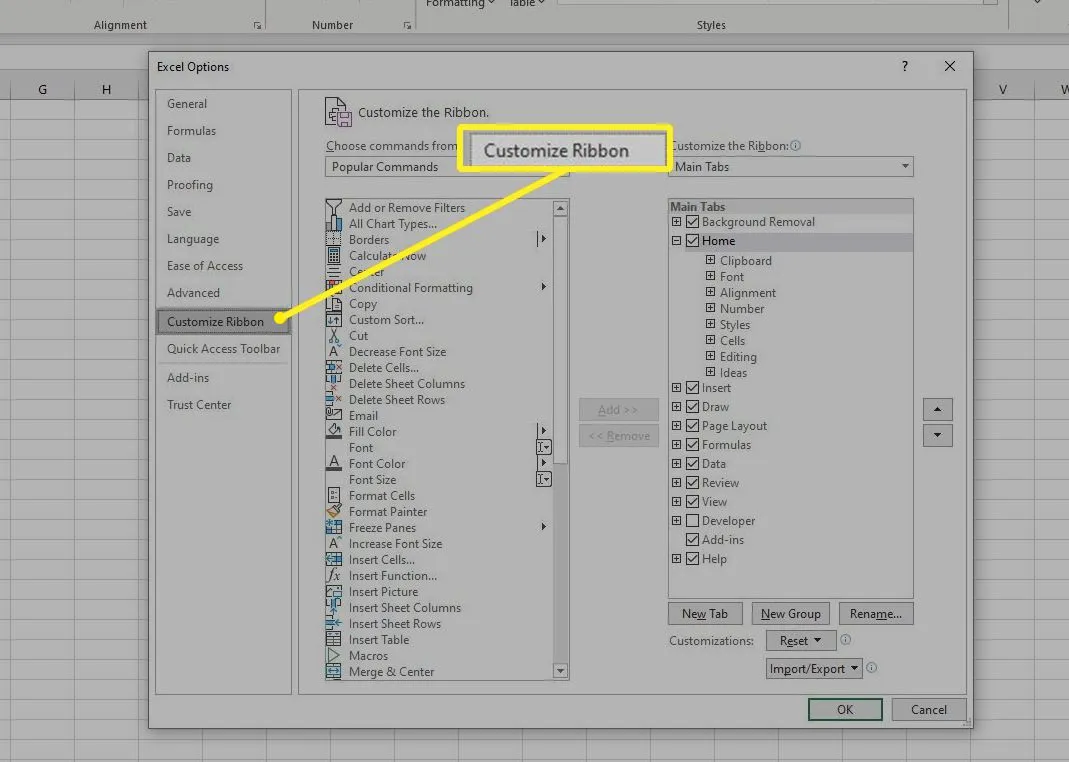 Personalizza la scheda della barra multifunzione in Opzioni di Excel