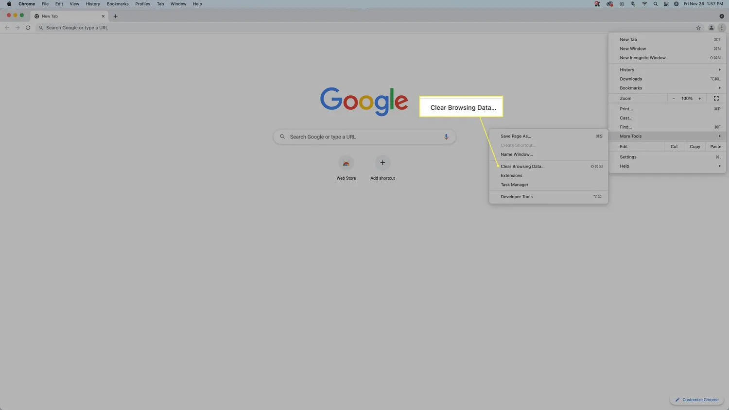 Mac 上的 Chrome 中突出顯示的“清除瀏覽數據”