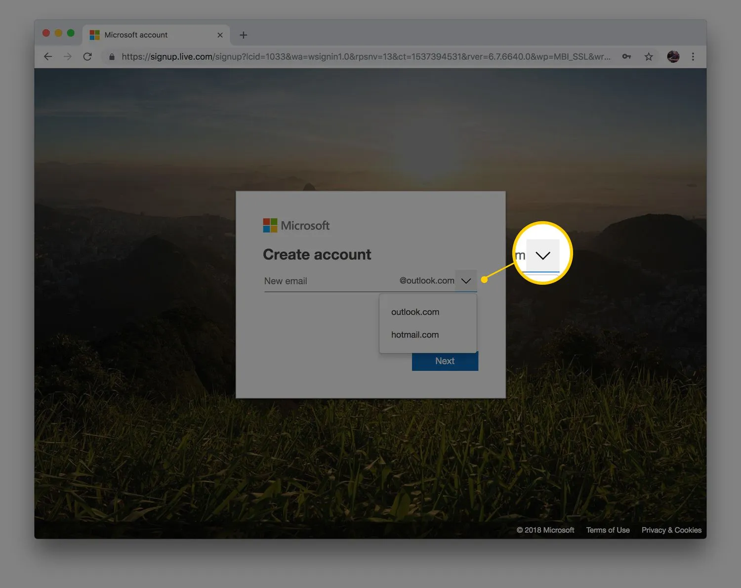 Outlook.com メール アカウントの Chrome Web ページにアカウント オプションを作成し、outlook と hotmail の選択肢を表示する