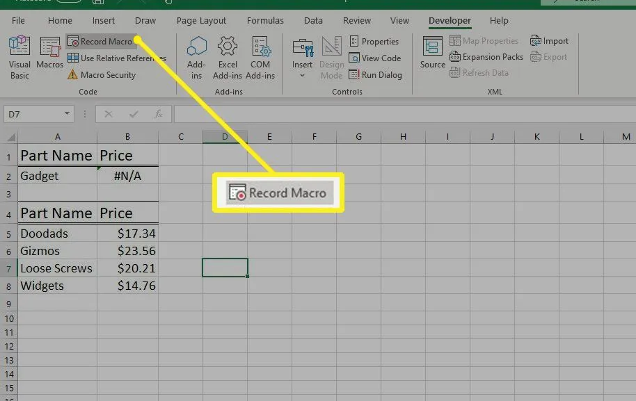 Excel에서 매크로 기록 버튼