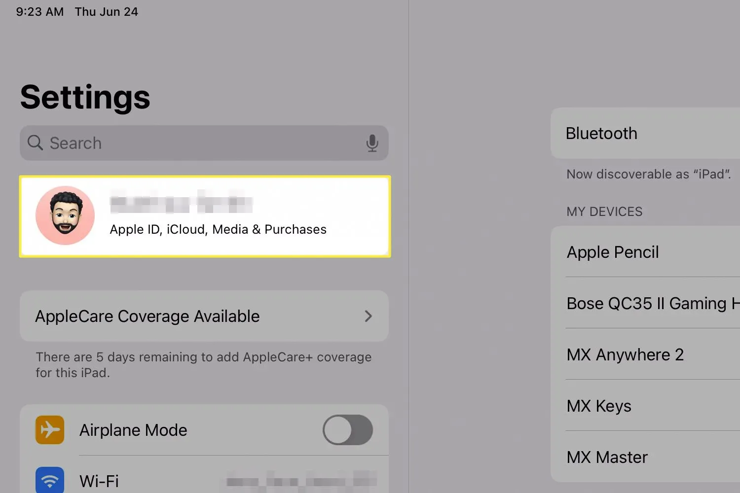 Die App „iPadOS-Einstellungen“ mit hervorgehobener Option „Apple-ID“.