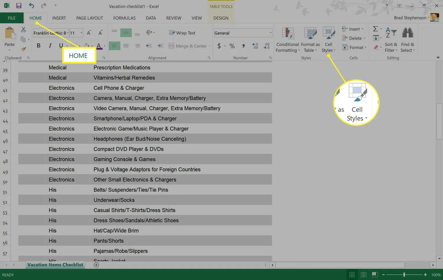 La scheda Home di Excel con gli stili di cella evidenziati