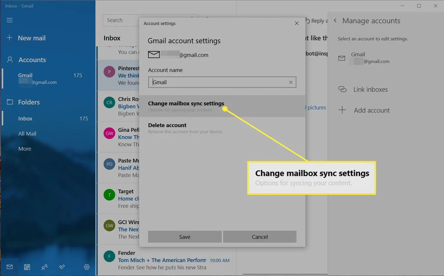 Windows メール アカウント設定でメールボックスの同期設定を変更する