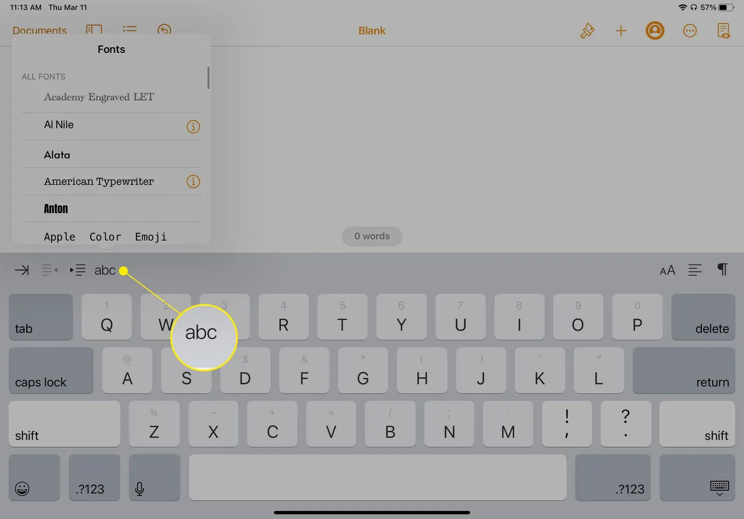 Application d'écriture pour iPad avec le bouton de contrôle des polices en surbrillance