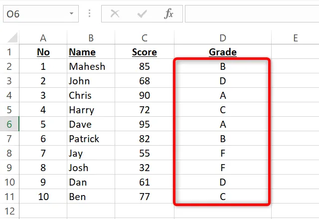 Resultaat van de geneste IF-functie van Excel voor alle records.