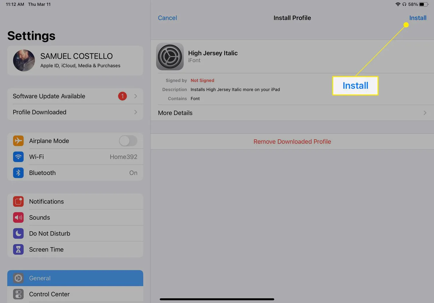Paramètres de l'iPad avec nouveau profil de police et installation en surbrillance