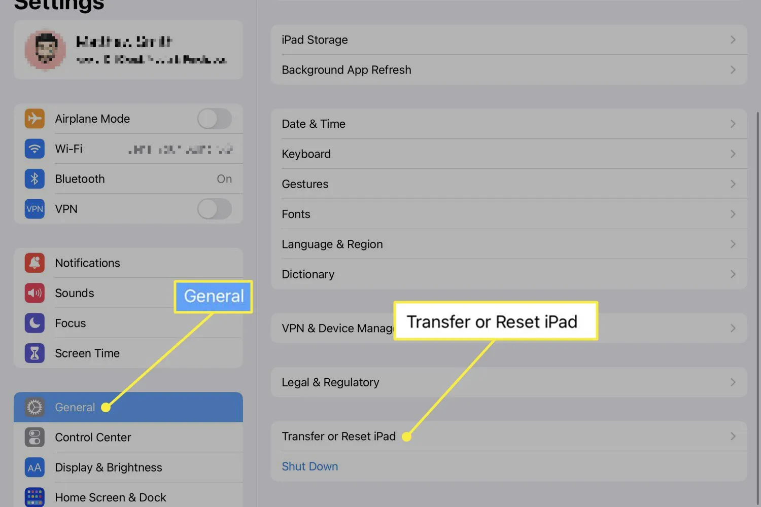 [iPad の転送またはリセット] が強調表示された iPad Mini の一般設定メニュー