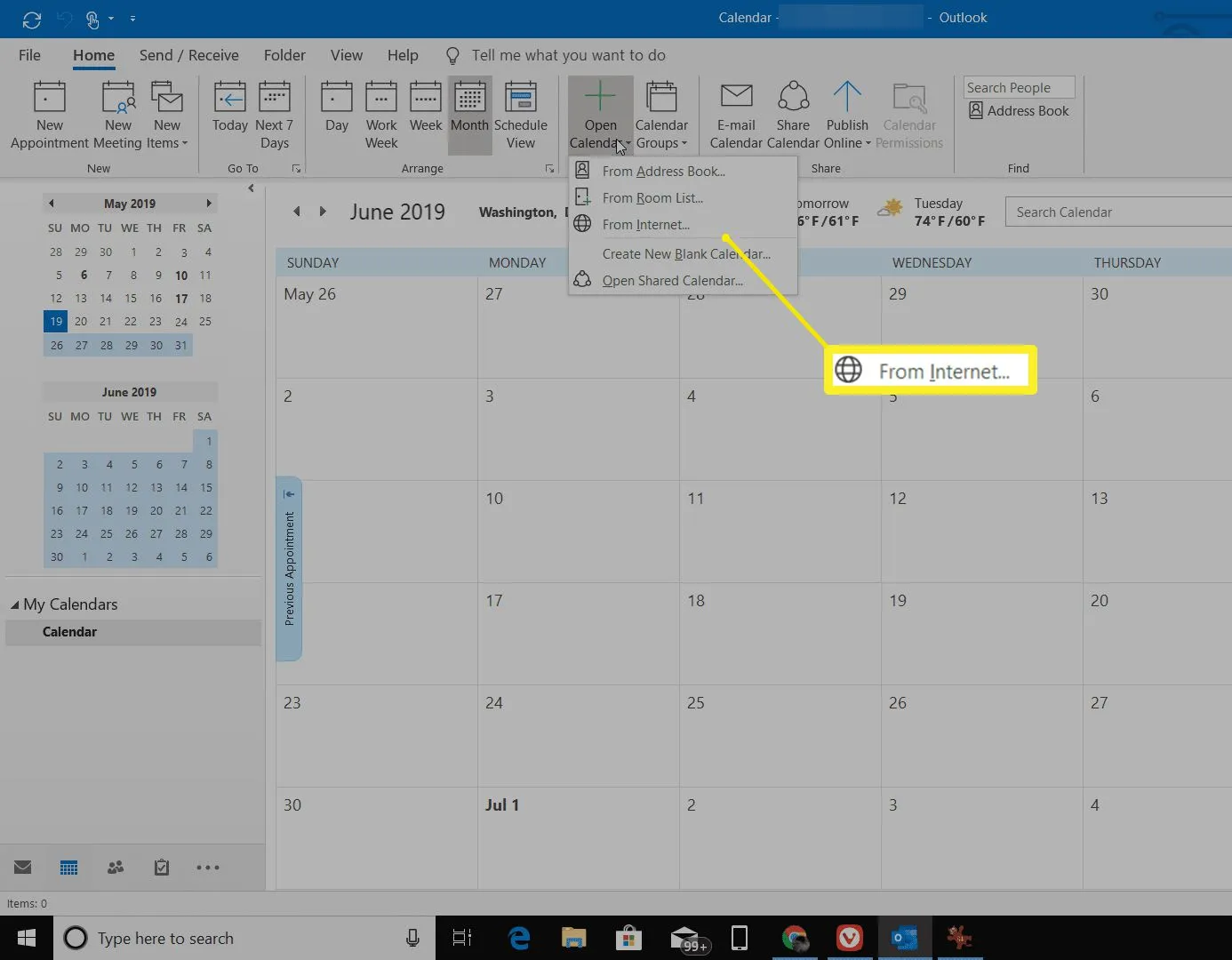 Acceso al calendario de Internet en Outlook