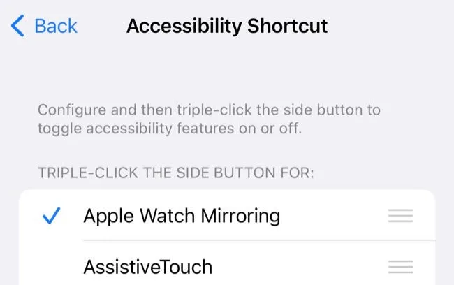 アクセシビリティ ショートカットのリストに Apple Watch ミラーリングを追加する