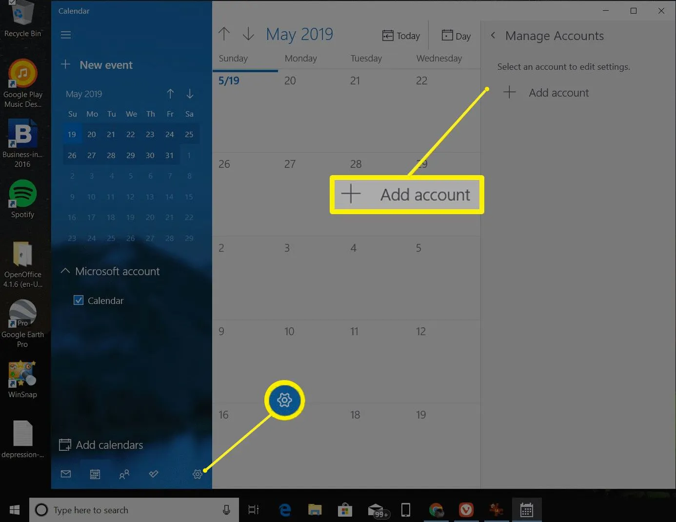 Gestisci gli account nel calendario di Windows
