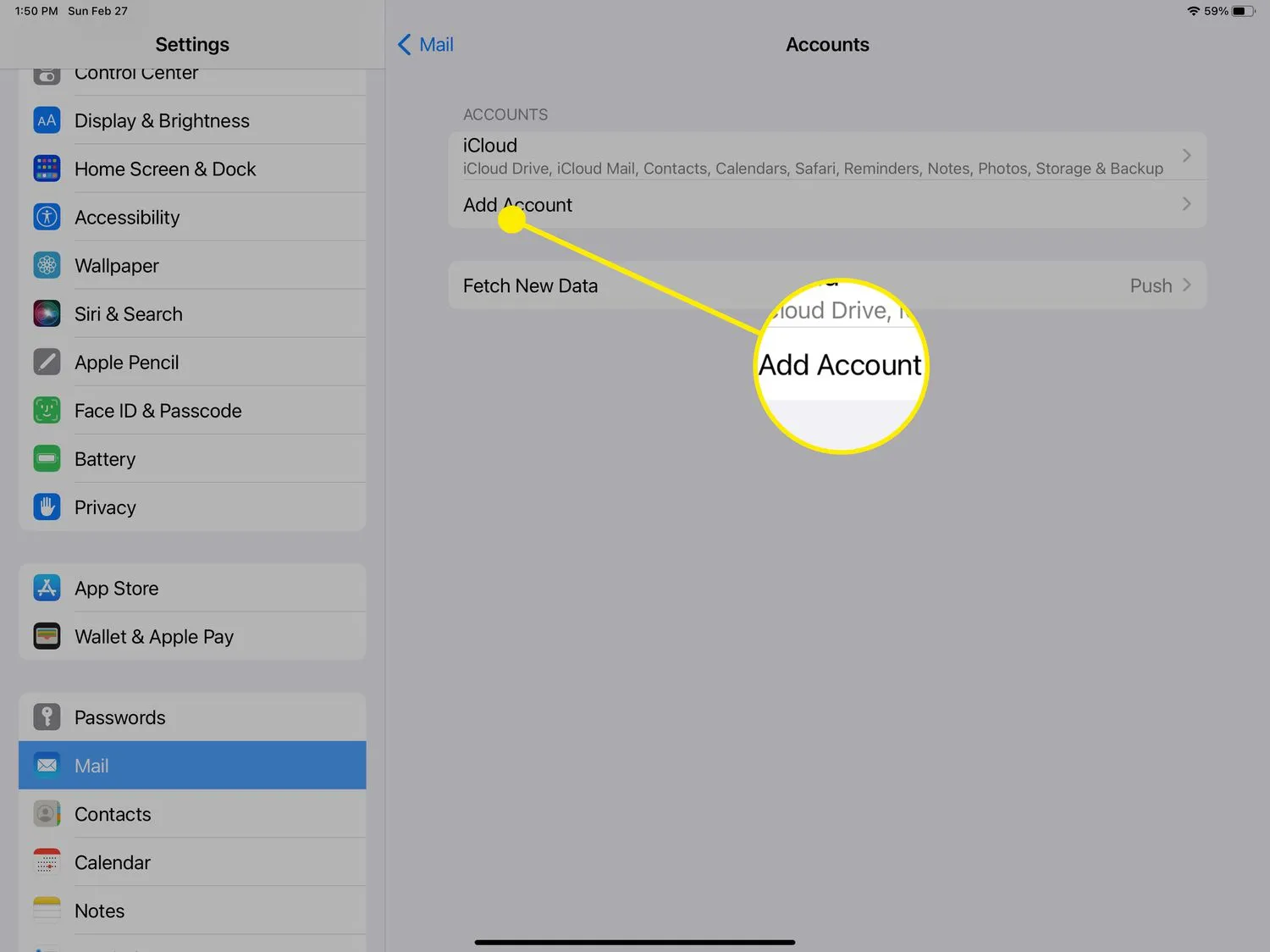 Ein Screenshot der Option „Konto hinzufügen“ in „Konten“ auf dem iPad.