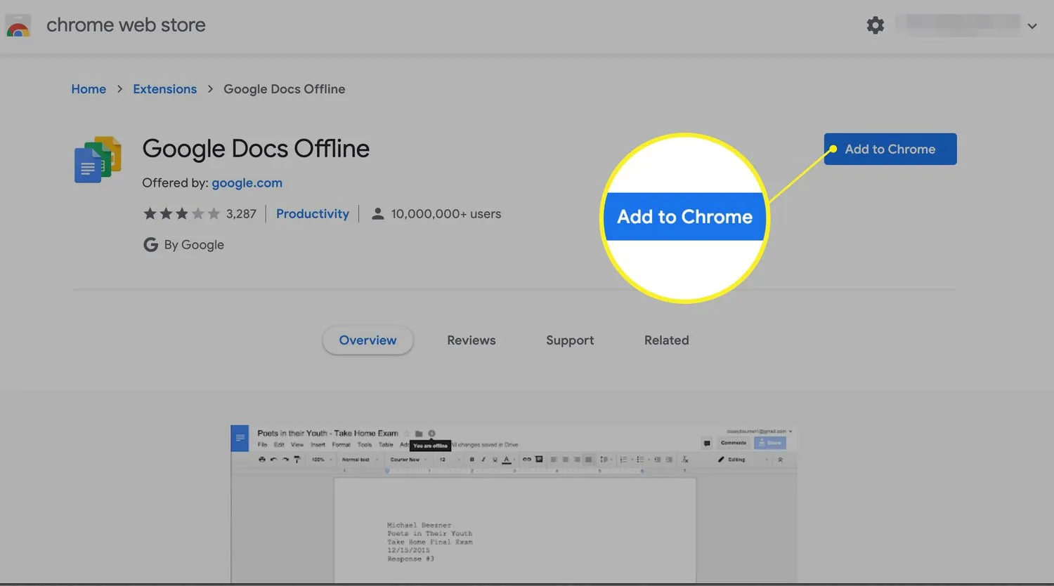 Aggiungi l'estensione Google Docs Offline a Chrome nel Chrome Web Store