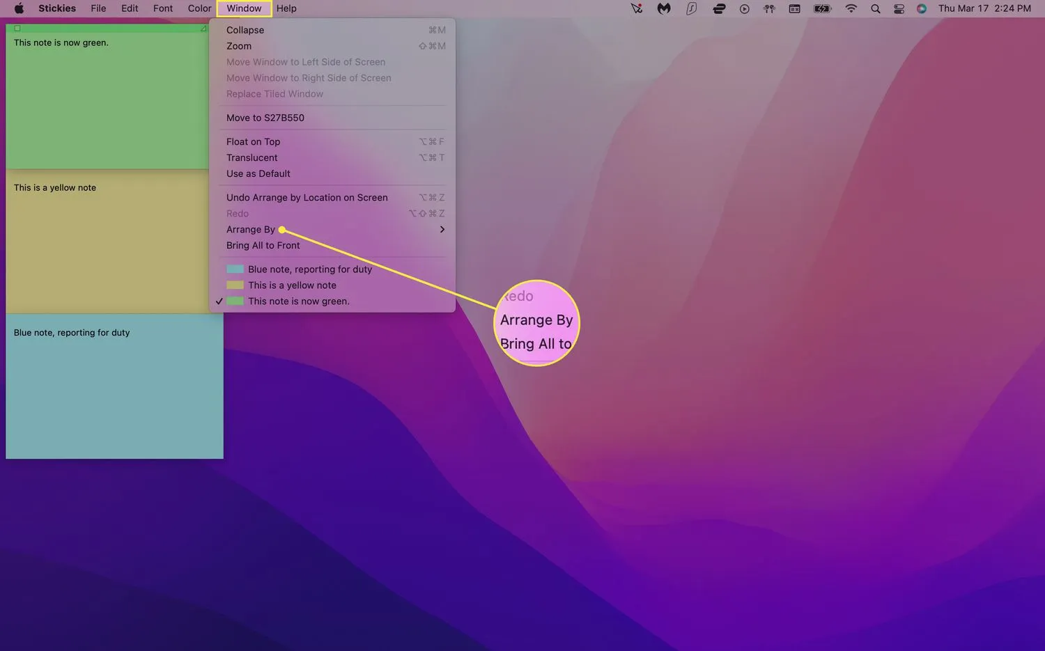 Sélection des options d'arrangement des notes dans Mac Stickies.