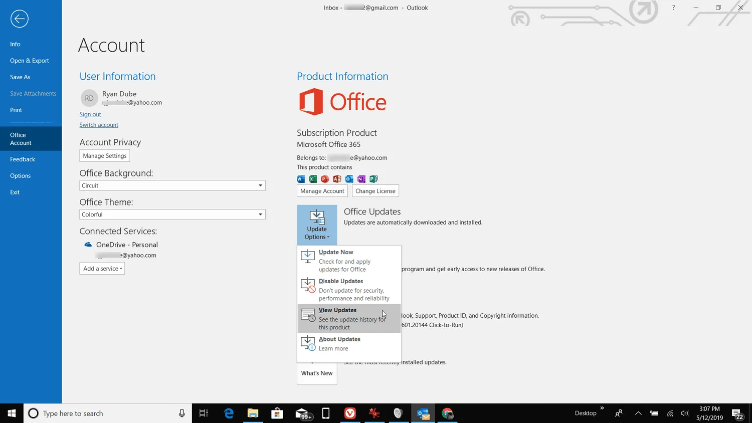 Screenshot di Visualizza aggiornamenti in Outlook