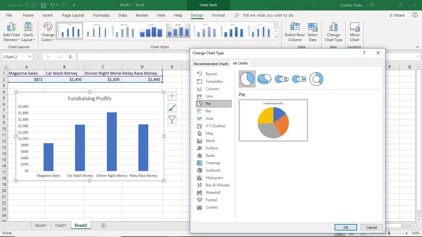 Une capture d'écran montrant comment changer le type de graphique dans Excel