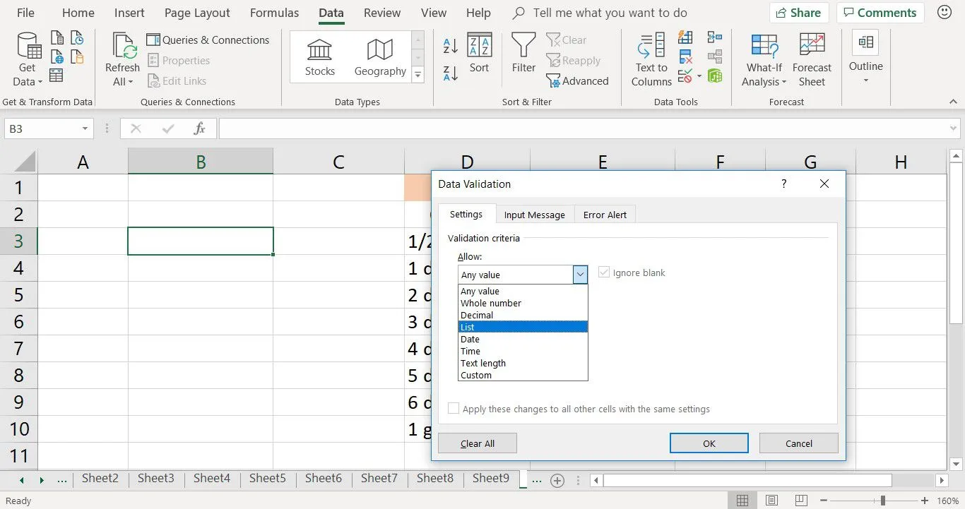 Ein Screenshot, der das Dialogfeld „Datenvalidierung“ in Excel zeigt