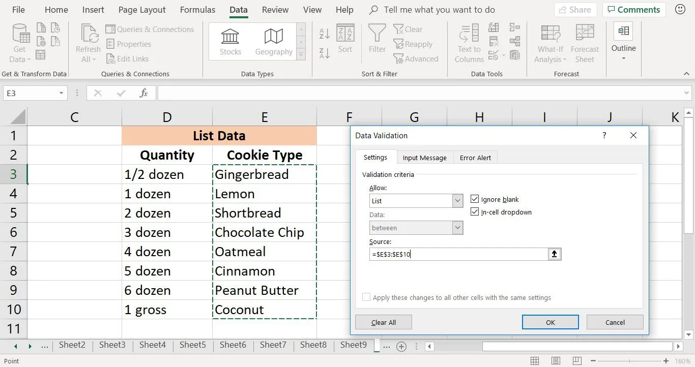 Uno screenshot che mostra come selezionare i dati per un elenco a discesa in Excel