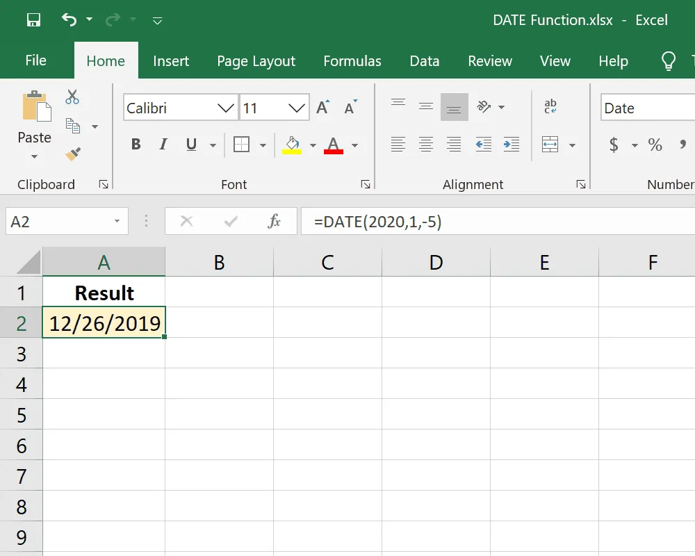 Exemple de fonction Excel DATE avec jour négatif