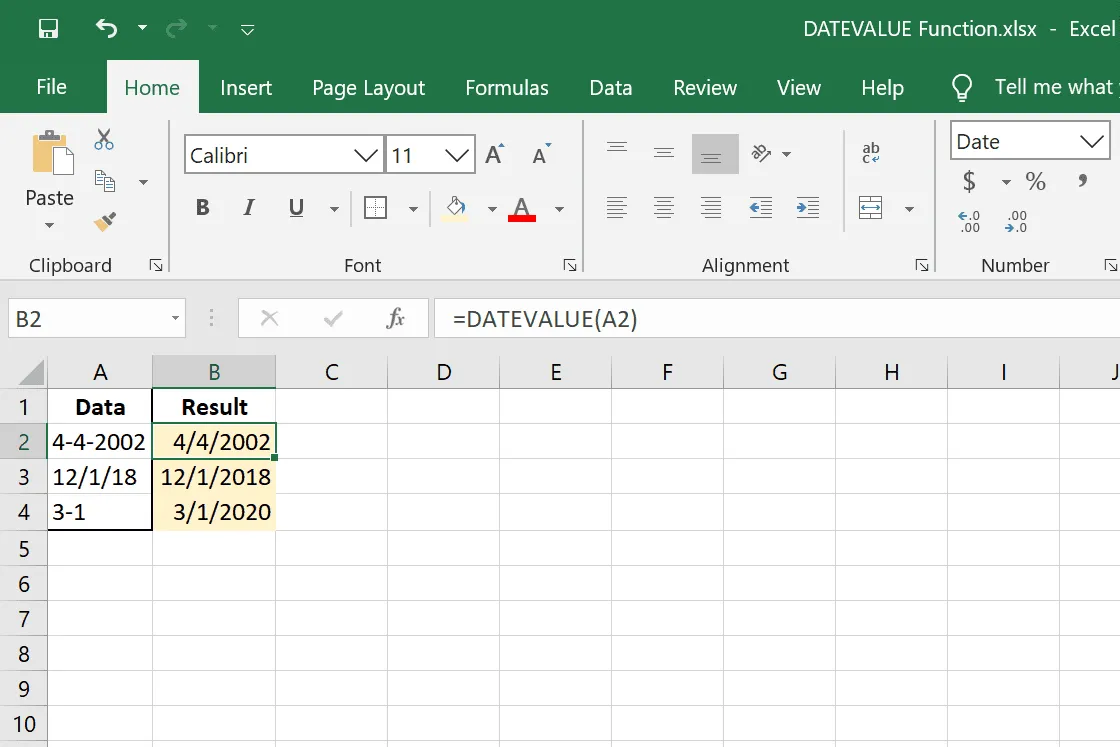 DATEVALUE Excel 関数の例