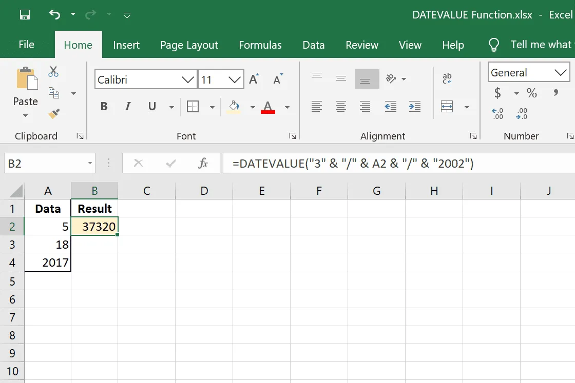 手動で入力されたデータとセル参照を含む DATEVALUE の例