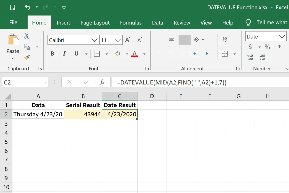 DATEVALUE Excel 関数と MID および FIND の組み合わせ
