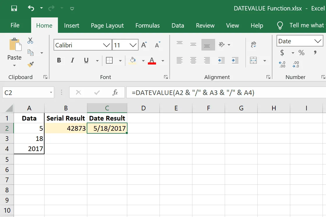 アンパサンド記号を使用した DATEVALUE Excel 関数の例