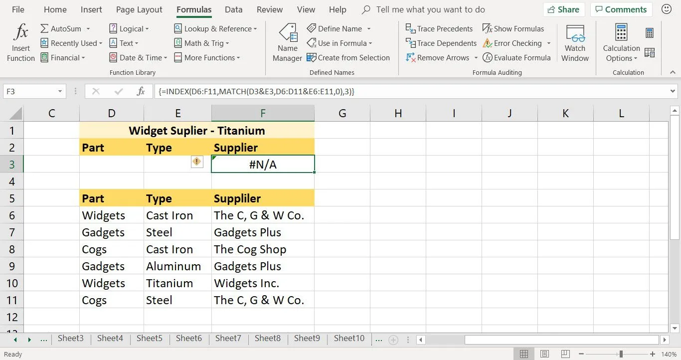 Die fertige INDEX-Funktion in Excel