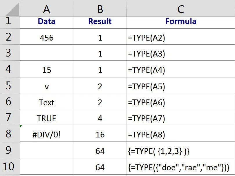 Zoek het type gegevens in een cel met de Excel TYPE-functie