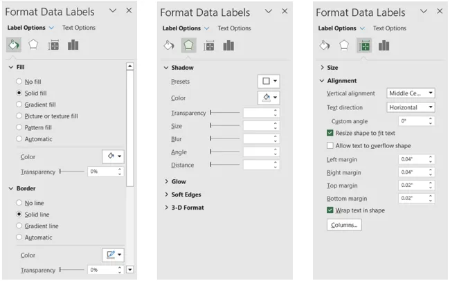사이드바의 데이터 레이블 형식 지정 모양 옵션