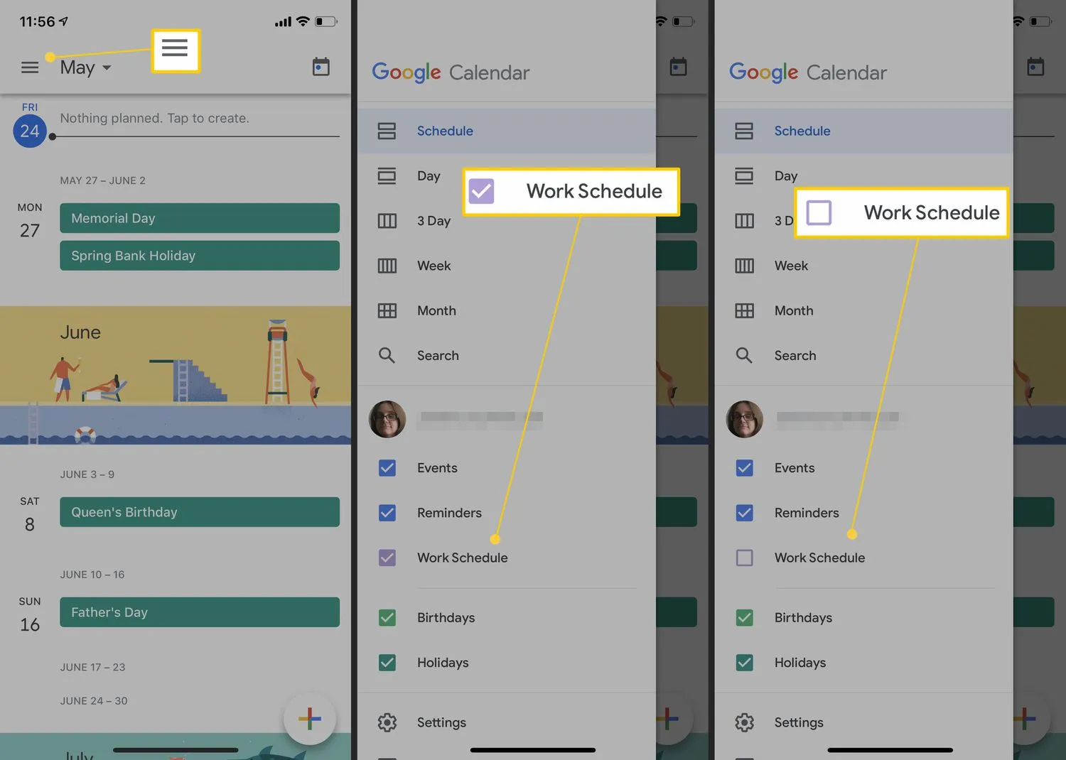 Google カレンダー アプリとカレンダーを非表示にする方法