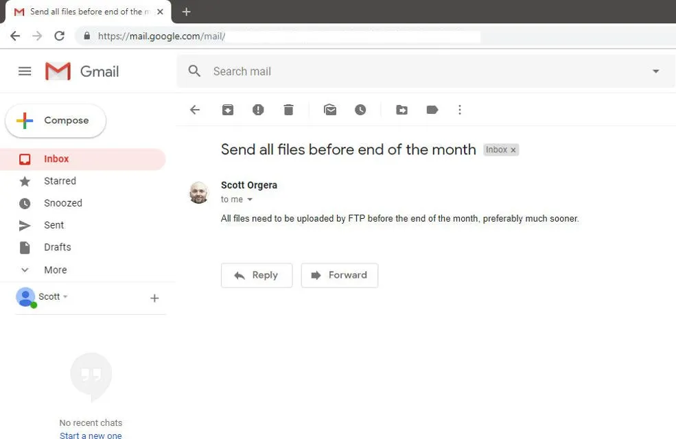 Gmail インターフェイス内の電子メール メッセージのスクリーンショット。