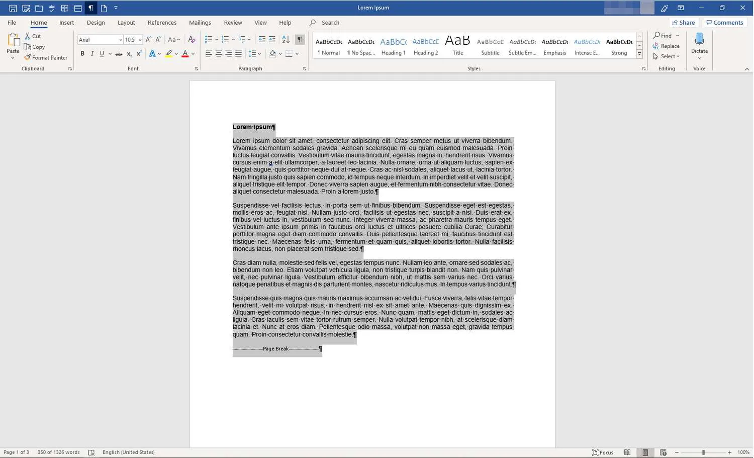 Microsoft Word avec une page de texte en surbrillance