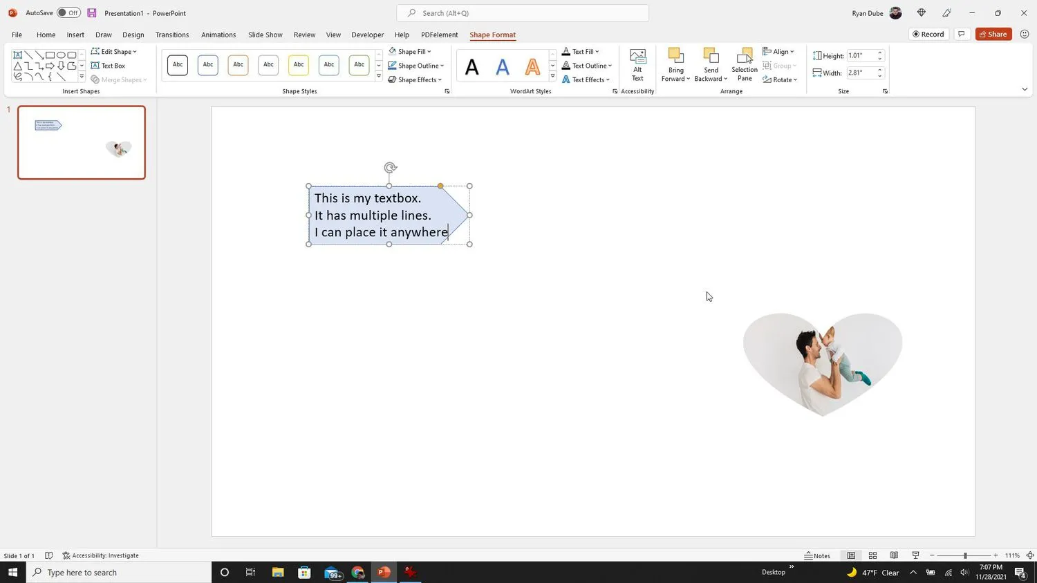 Captura de pantalla de la nueva forma de cuadro de texto en PowerPoint
