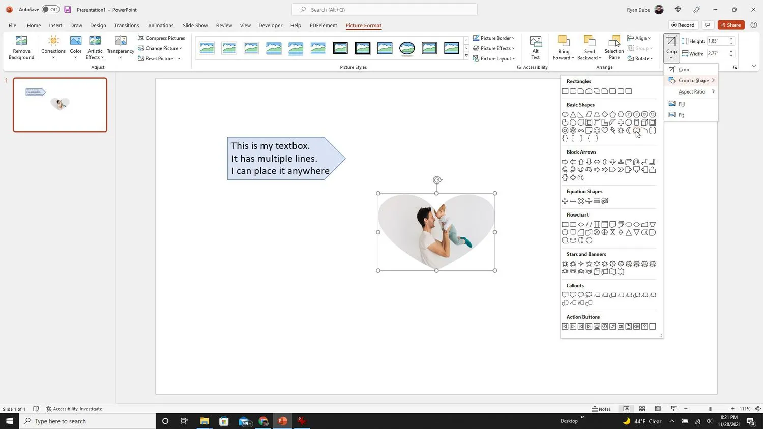 PowerPoint でトリミングされた形状を変更するスクリーンショット