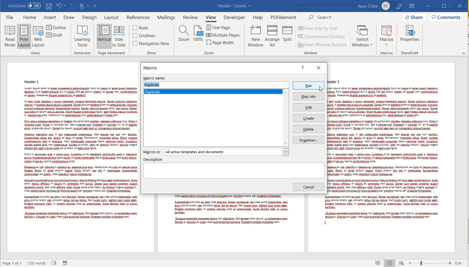 Screenshot der Ausführung eines Makros in Excel