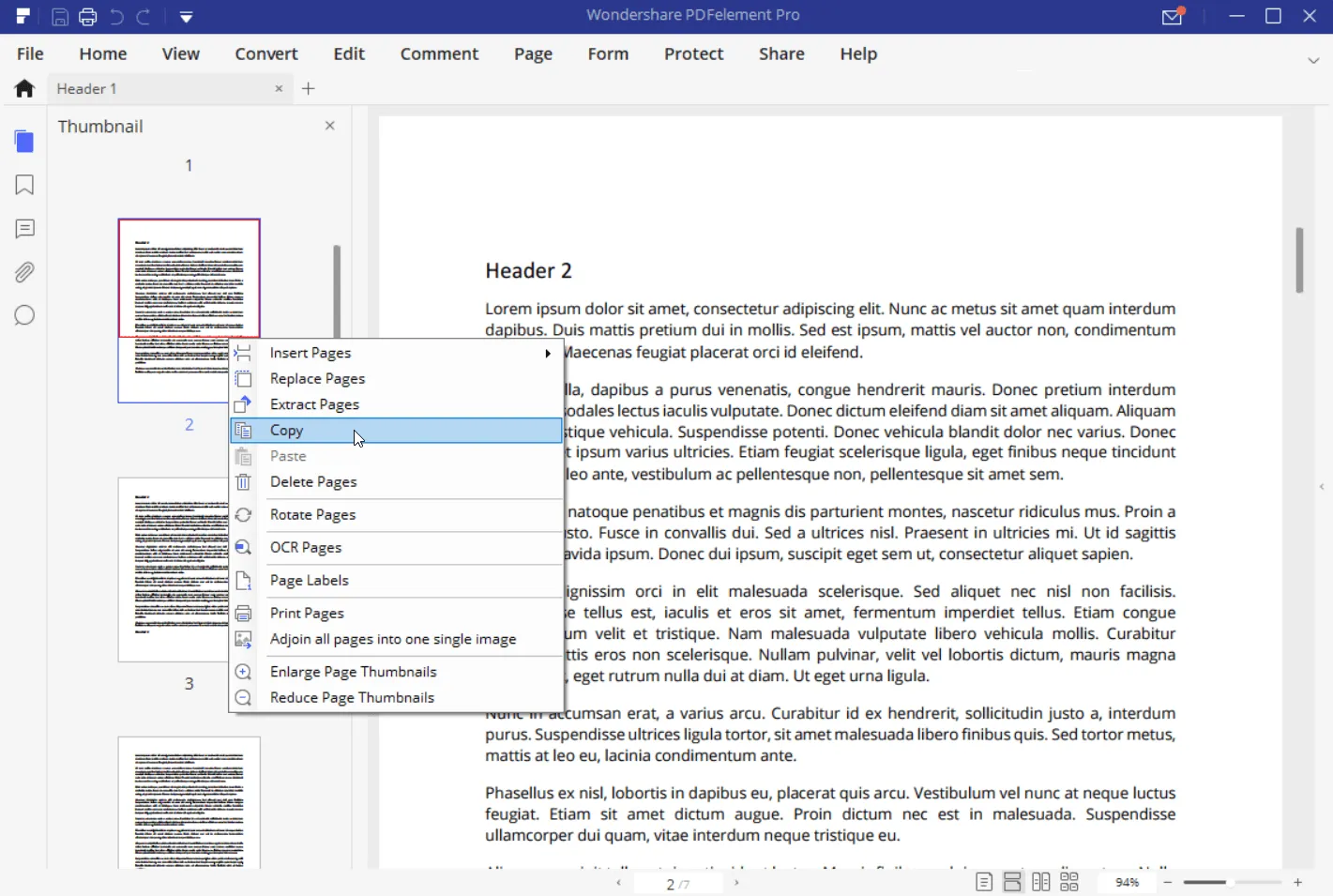 Capture d'écran de la copie d'une page dans un document PDF