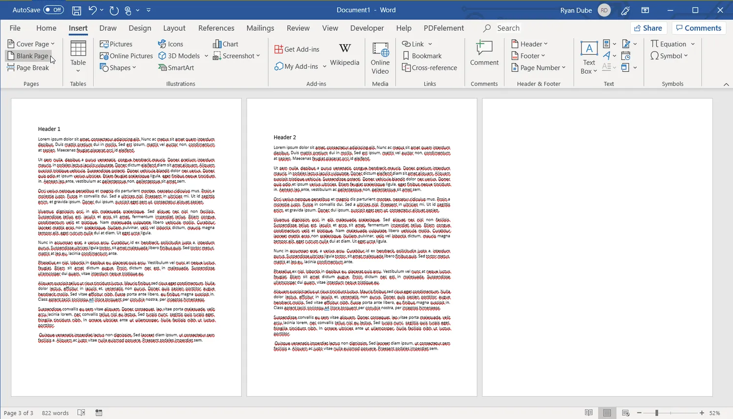 Screenshot vom Hinzufügen einer leeren Seite zu einem Word-Dokument