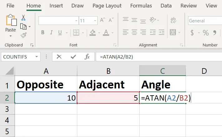 Excel での逆正接関数の使用例