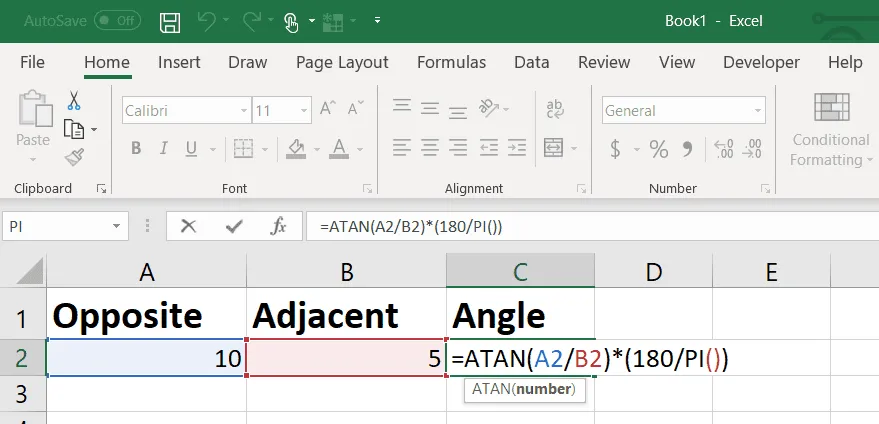 Excel でラジアンを度に変換する例。