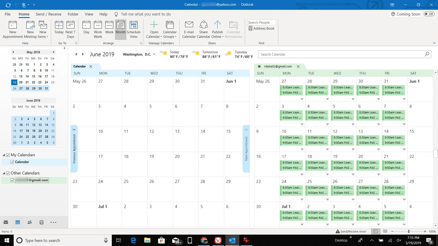 Zrzut ekranu przedstawiający kalendarz programu Outlook zsynchronizowany z Kalendarzem Google