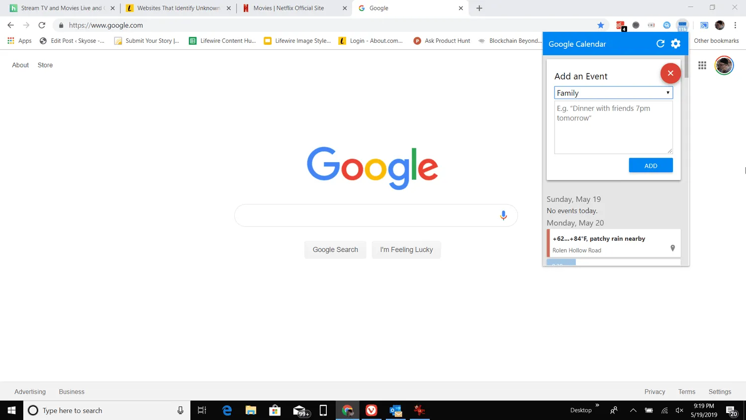 Zrzut ekranu przedstawiający dodawanie wydarzenia z Kalendarza Google w przeglądarce Chrome