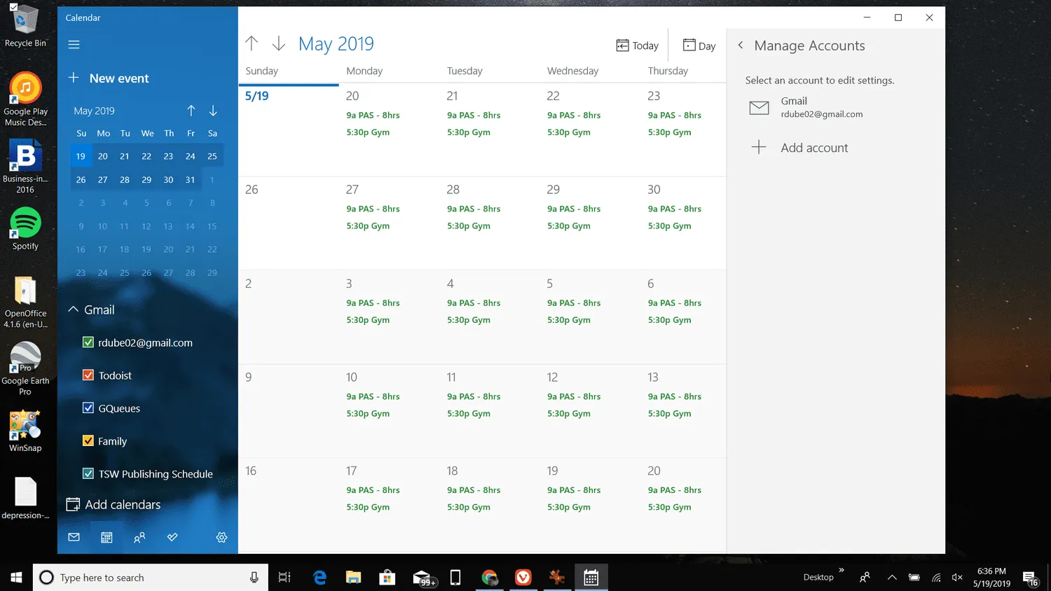 Captura de tela do calendário do Windows sincronizado com sua conta do Google