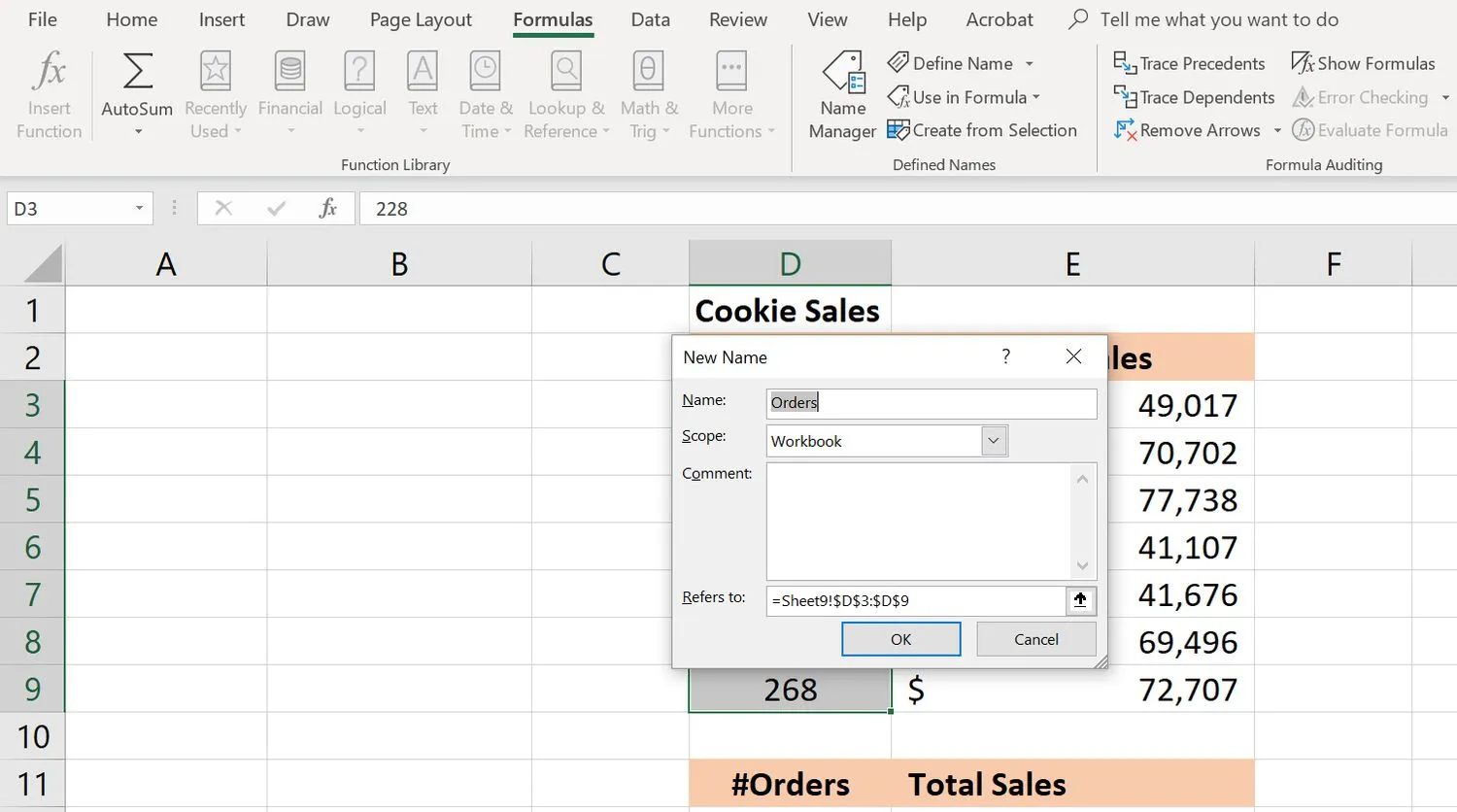 名前付き範囲を作成するための [Name Manager] ダイアログ ボックスを示す Excel スプレッドシート