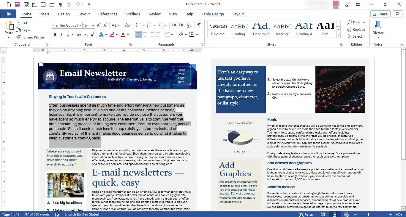 MS Word mit angezeigter Newsletter-Vorlage